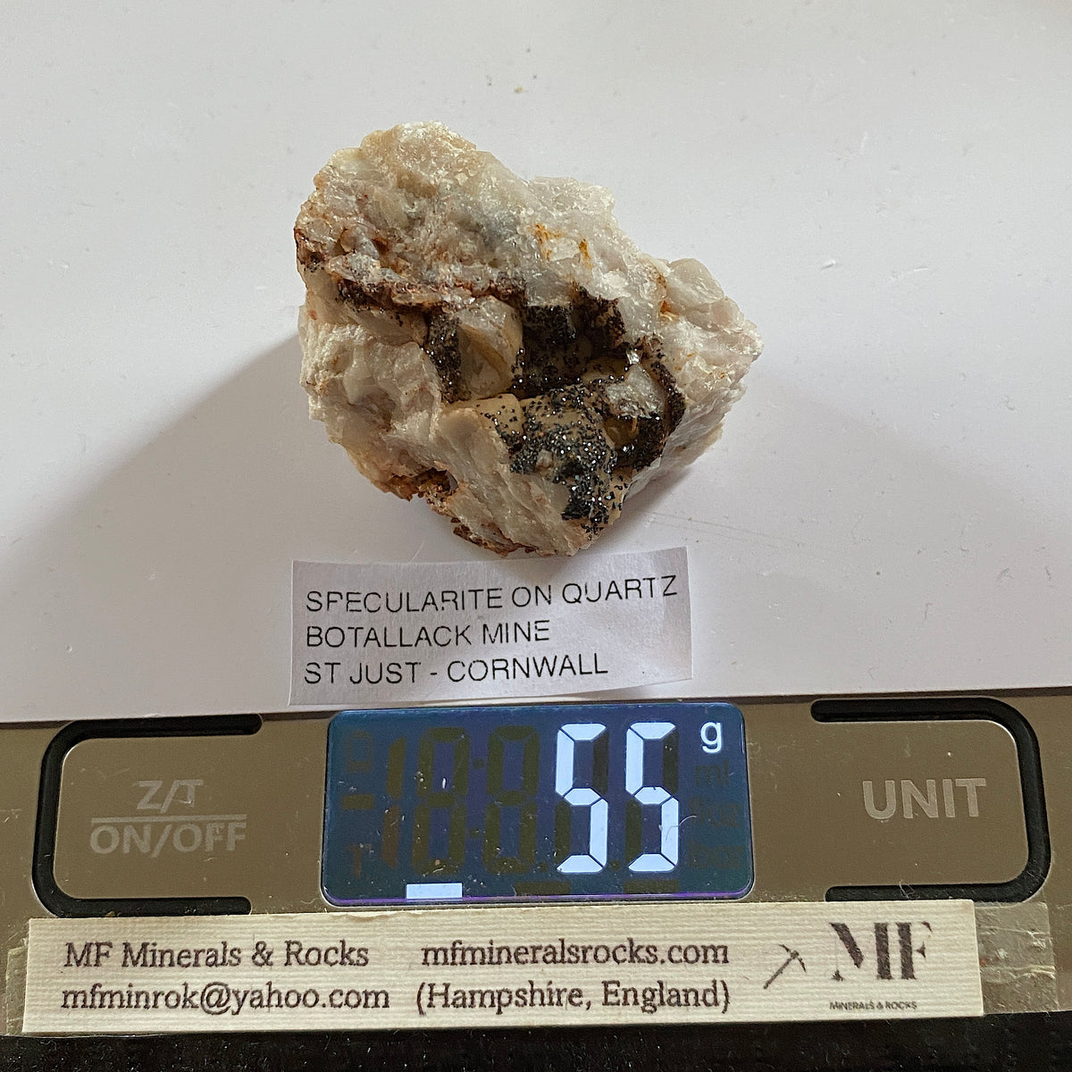 SPECULARITE ON QUARTZ : BOTALLACK MINE, ST JUST, CORNWALL 55g MF5388