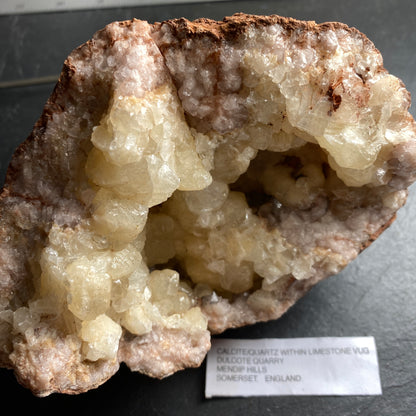 LIMESTONE VUG WITH CALCITE/QUARTZ, DULCOTE, SOMERSET HEAVY 990g MF1491