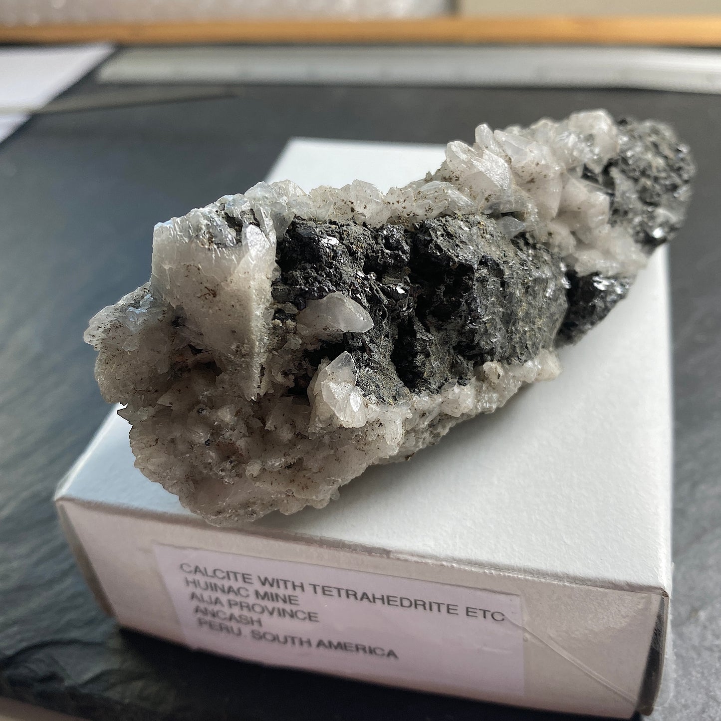 CALCITE WITH TETRAHEDRITE [ETC] , HUINAC MINE, PERU. 175g MF1494