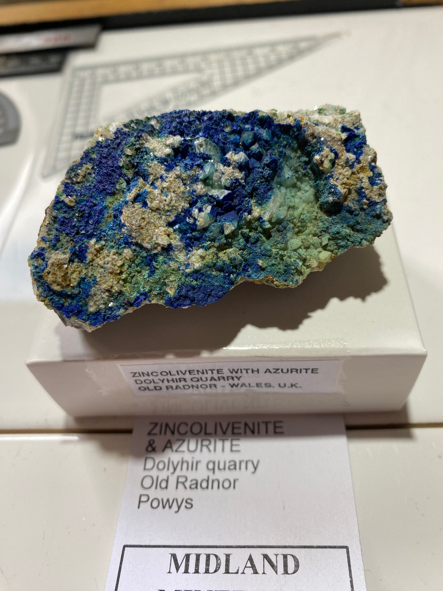 ZINCOLIVENITE /AZURITE [ETC] : DOLYHIR QUARRY, OLD RADNOR, WALES, 85g MF4725