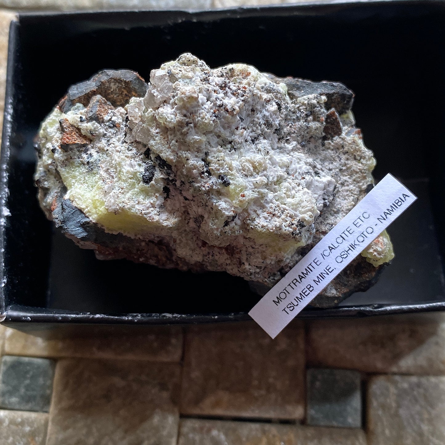 MOTTRAMITE ETC ON CALCITE - TSUMEB MINE, OSHIKOTO, NAMIBIA 110g MF830