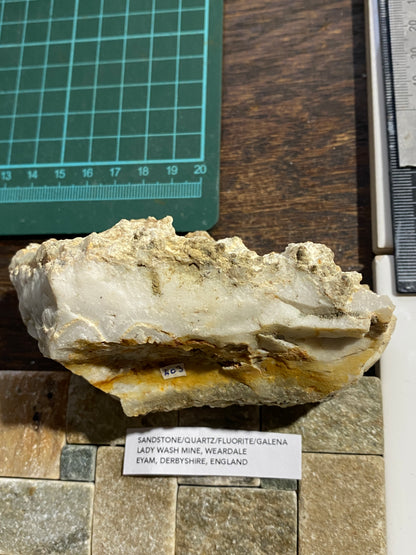 SANDSTONE-QUARTZ-FLUORITE-GALENA SEQUENCE : LADY WASH MINE, DERBYSHIRE, 360g MF4728