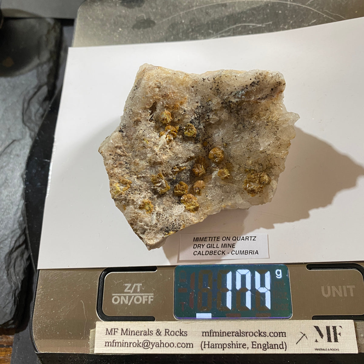 MIMETITE ON QUARTZ : DRY GILL MINE, CALDBECK, ALLERDALE, CUMBRIA  174g MF5414