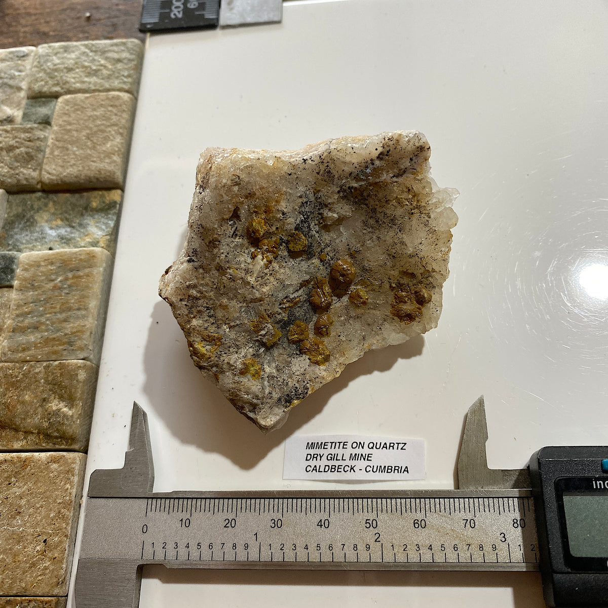 MIMETITE ON QUARTZ : DRY GILL MINE, CALDBECK, ALLERDALE, CUMBRIA  174g MF5414
