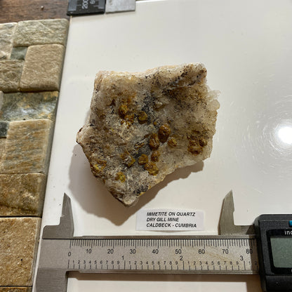 MIMETITE ON QUARTZ : DRY GILL MINE, CALDBECK, ALLERDALE, CUMBRIA  174g MF5414