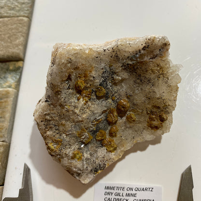 MIMETITE ON QUARTZ : DRY GILL MINE, CALDBECK, ALLERDALE, CUMBRIA  174g MF5414
