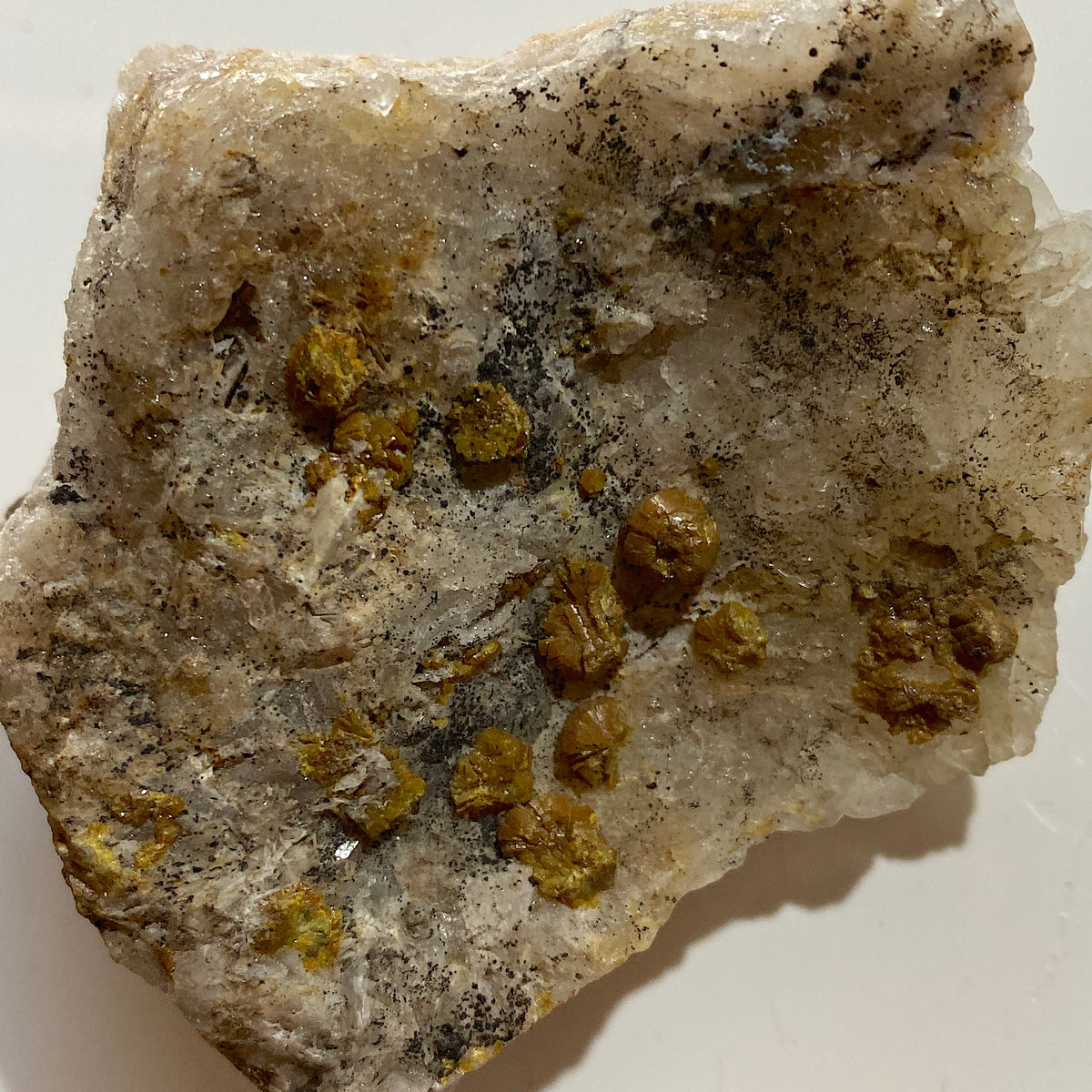 MIMETITE ON QUARTZ : DRY GILL MINE, CALDBECK, ALLERDALE, CUMBRIA  174g MF5414