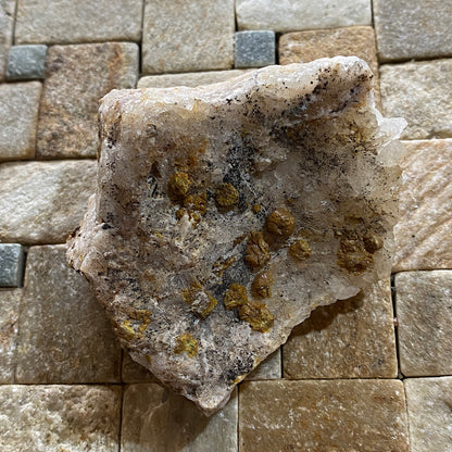MIMETITE ON QUARTZ : DRY GILL MINE, CALDBECK, ALLERDALE, CUMBRIA  174g MF5414