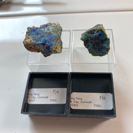 AZURITE ETC - TING TANG MINE, CARHARRACK, CORNWALL 2 SPECIMENS 14g vMF1972