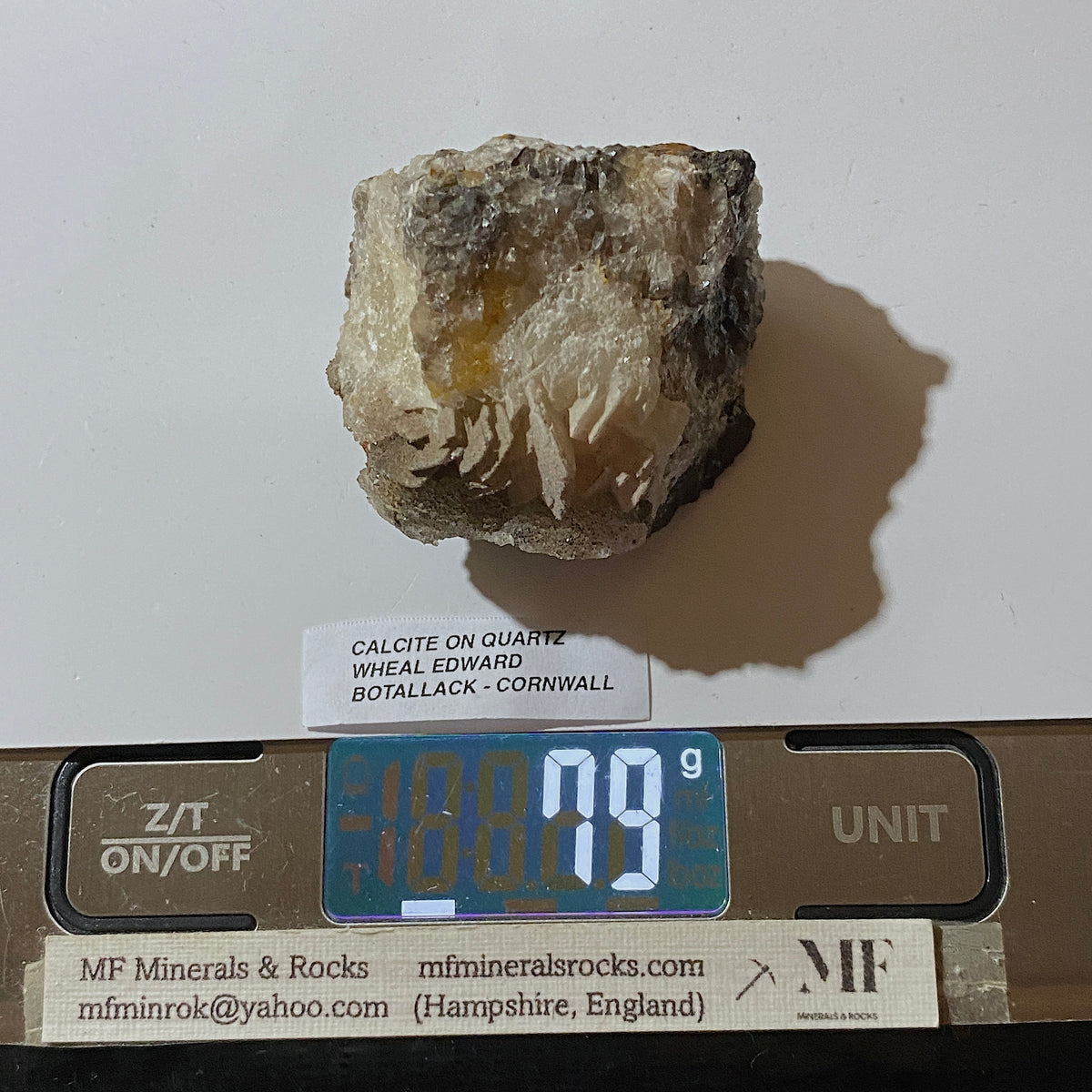 CALCITE ON QUARTZ : WHEAL EDWARD, BOTALLACK, ST JUST, CORNWALL,  79g MF5429