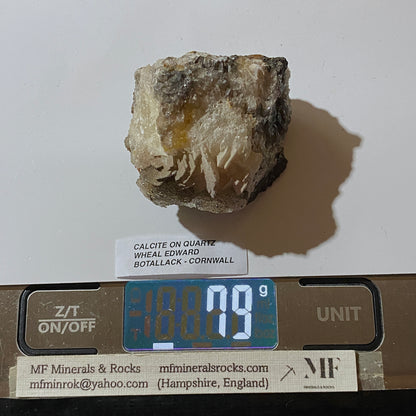 CALCITE ON QUARTZ : WHEAL EDWARD, BOTALLACK, ST JUST, CORNWALL,  79g MF5429