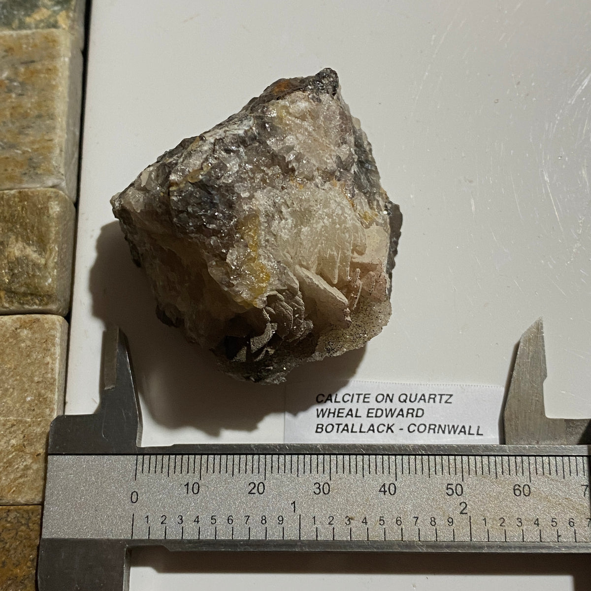 CALCITE ON QUARTZ : WHEAL EDWARD, BOTALLACK, ST JUST, CORNWALL,  79g MF5429