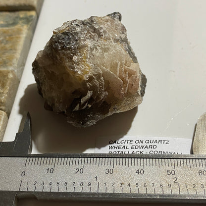 CALCITE ON QUARTZ : WHEAL EDWARD, BOTALLACK, ST JUST, CORNWALL,  79g MF5429