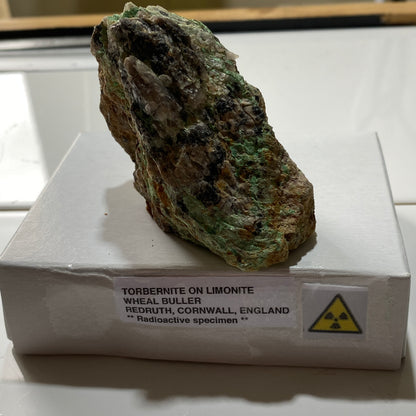 TORBERNITE [ Radioactive] ON LIMONITE - WHEAL BULLER, REDRUTH, CORNWALL, ENGLAND