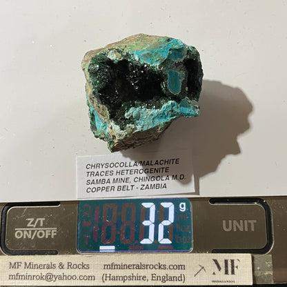 CHRYSOCOLLA/MALACHITE : SAMBA MINE, KASOMPE, COPPER BELT, ZAMBIA 32g MF5468