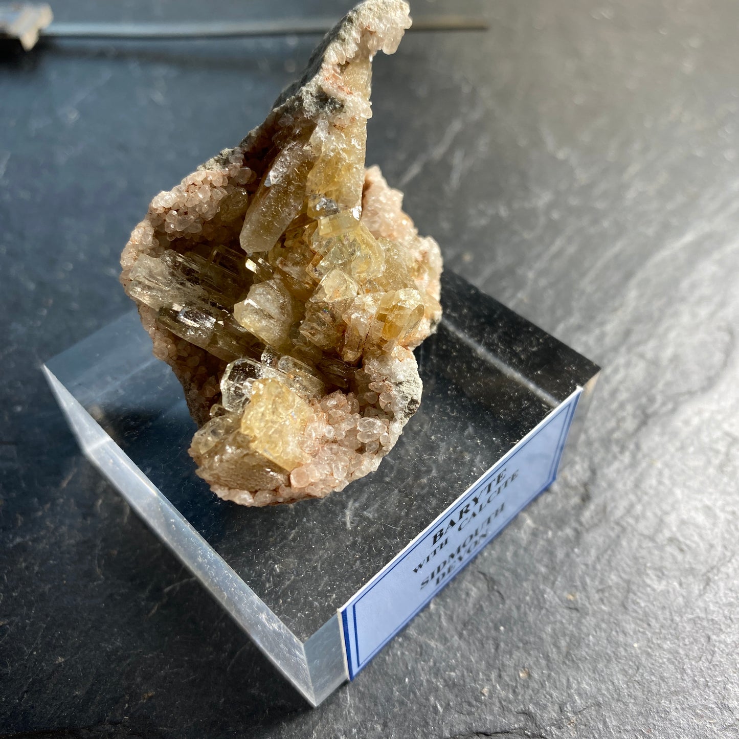 BARYTE ON CALCITE, PEAK HILL, SIDMOUTH, DEVON, ENGLAND. MF1573