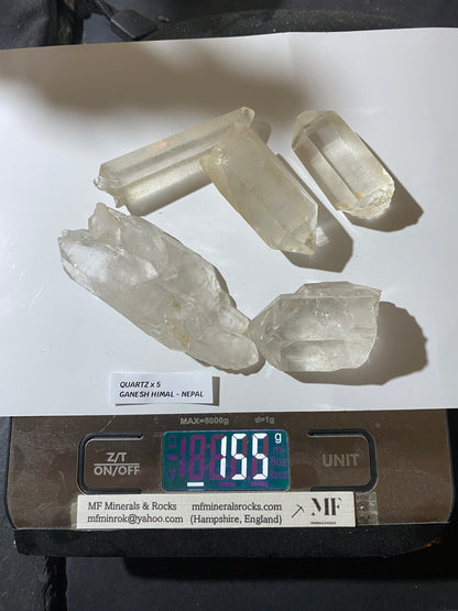 QUARTZ NATURAL CRYSTAL x 5 :  GANESH HIMAL, NEPAL, ASIA 155g. MF4755