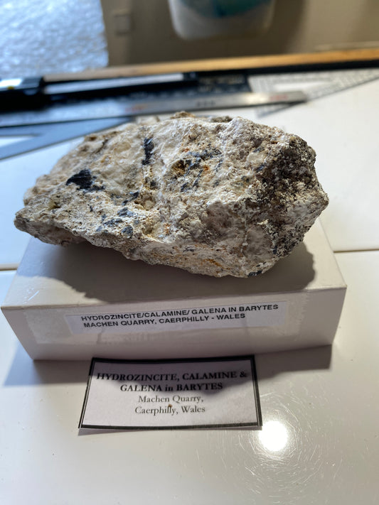 HYDROZINCITE/CALAMINE/GALENA IN BARYTE : MACHEN QUARRY, WALES 406g MF4891