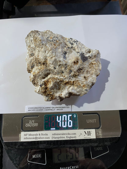 HYDROZINCITE/CALAMINE/GALENA IN BARYTE : MACHEN QUARRY, WALES 406g MF4891