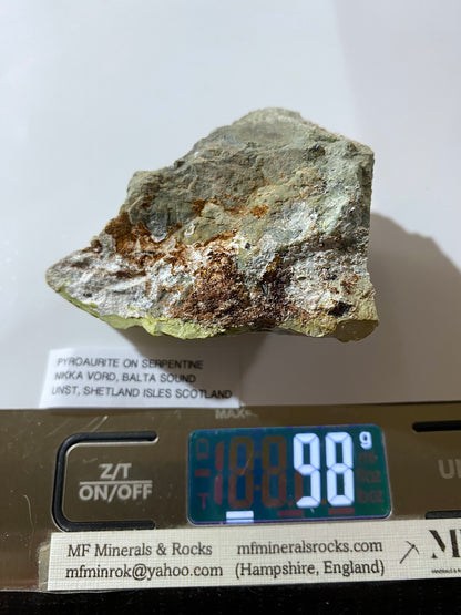 PYROAURITE ON SERPENTINE  [RARE] : NIKKA VORD, UNST, SHETLAND, SCOTLAND  98g MF4915