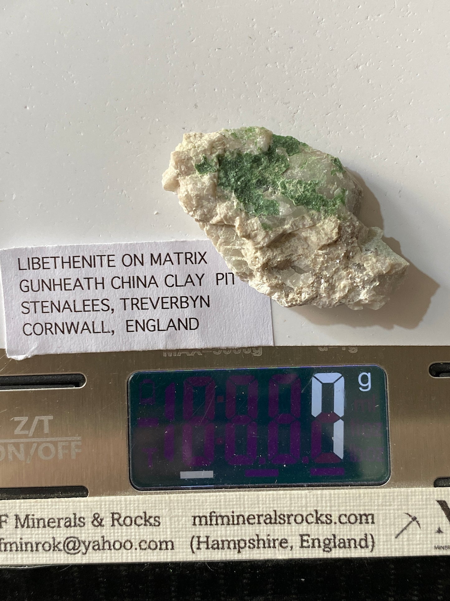 LIBETHENITE : GUNHEATH CHINA CLAY PIT, STENALEES, CORNWALL  7g MF1865