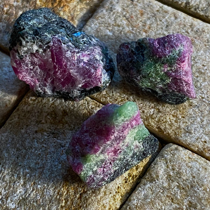 RUBY CORUNDUM WITH ZOISITE  x 3 SPECIMENS - MUNDARARA MINE, TANZANIA MF4108