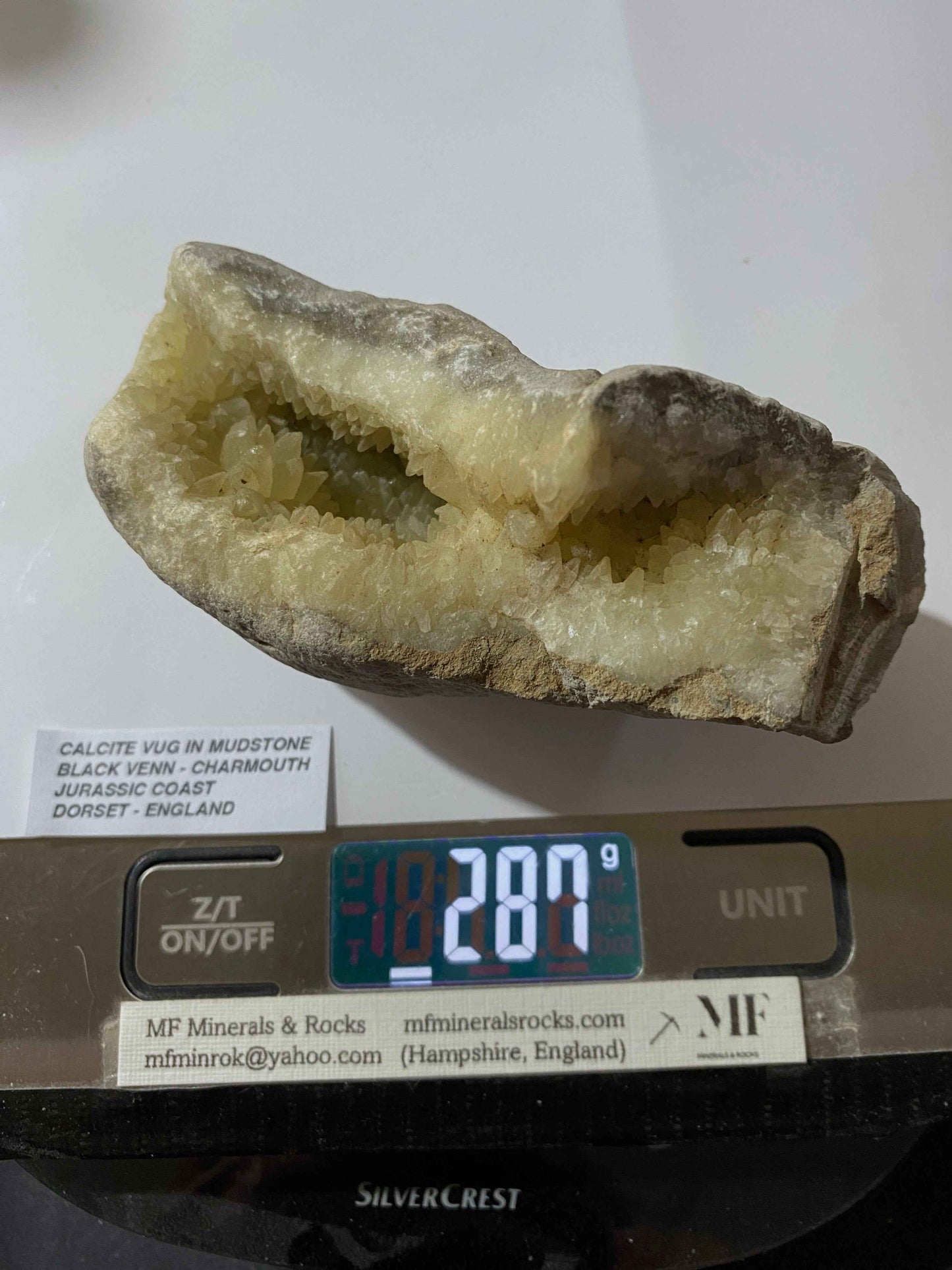 RARE CALCITE VUG IN MUDSTONE : BLACK VENN, CHARMOUTH, JURASSIC COAST, DORSET, ENGLAND 287g MF4951