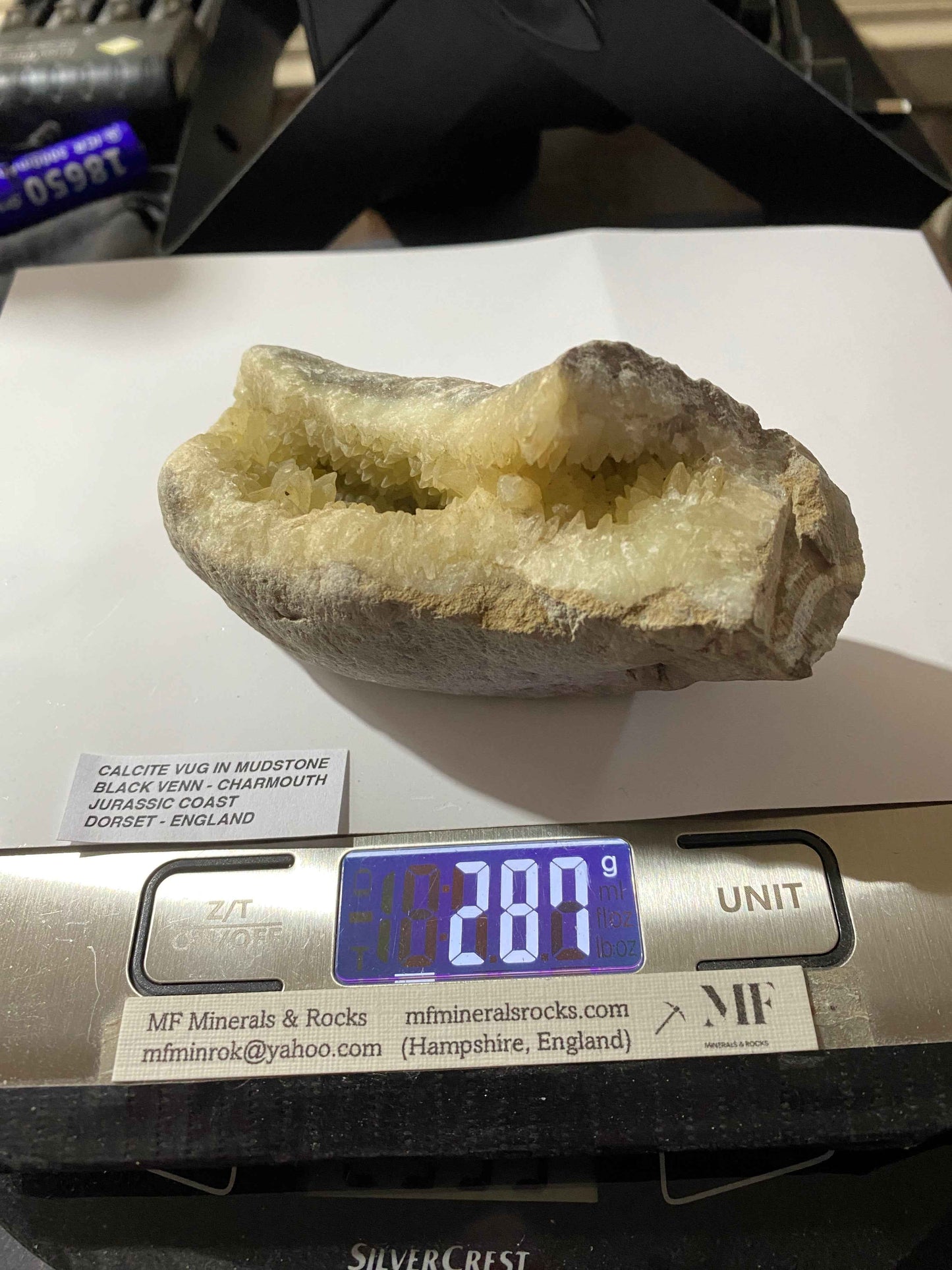 RARE CALCITE VUG IN MUDSTONE : BLACK VENN, CHARMOUTH, JURASSIC COAST, DORSET, ENGLAND 287g MF4951