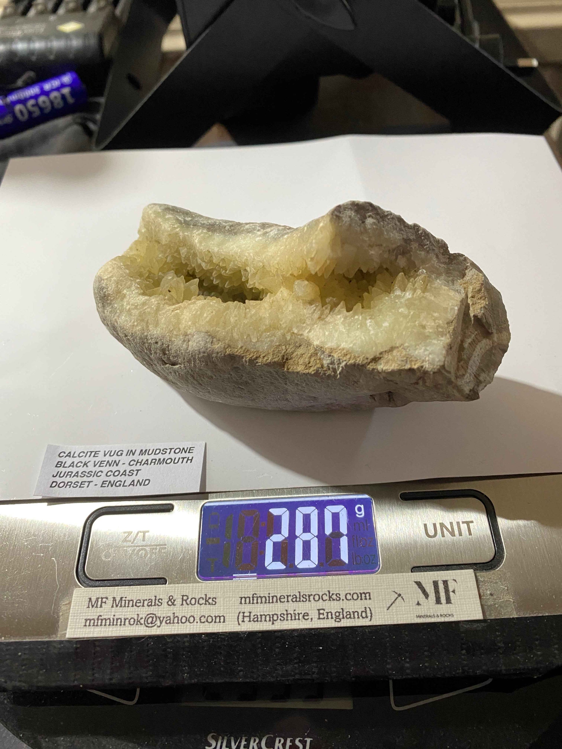 RARE CALCITE VUG IN MUDSTONE : BLACK VENN, CHARMOUTH, JURASSIC COAST, DORSET, ENGLAND 287g MF4951