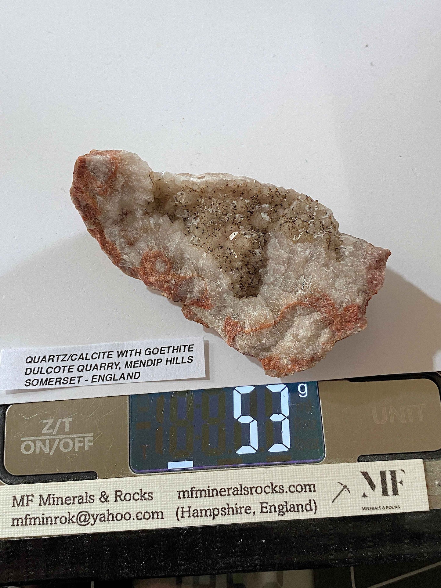 CALCITE/QUARTZ WITH GOETHITE : DULCOTE QUARRY, MENDIP HILLS, SOMERSET, ENGLAND 53g MF4970