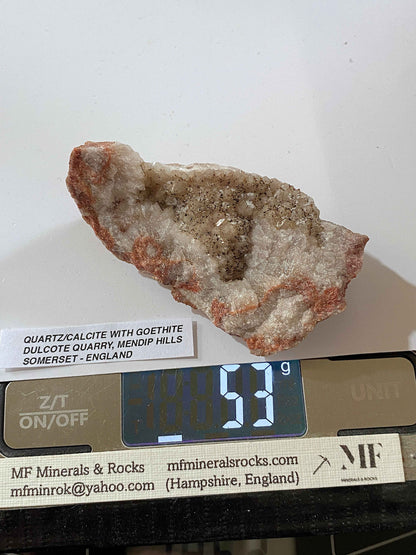 CALCITE/QUARTZ WITH GOETHITE : DULCOTE QUARRY, MENDIP HILLS, SOMERSET, ENGLAND 53g MF4970