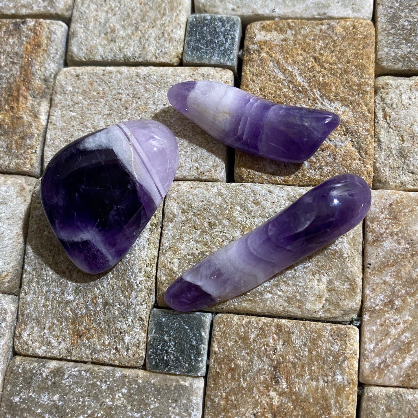 CHEVRON AMETHYST POLISHED STONES  x 3 - GOBOBOSEB MTS, NAMIBIA  70Ct   MFG5046