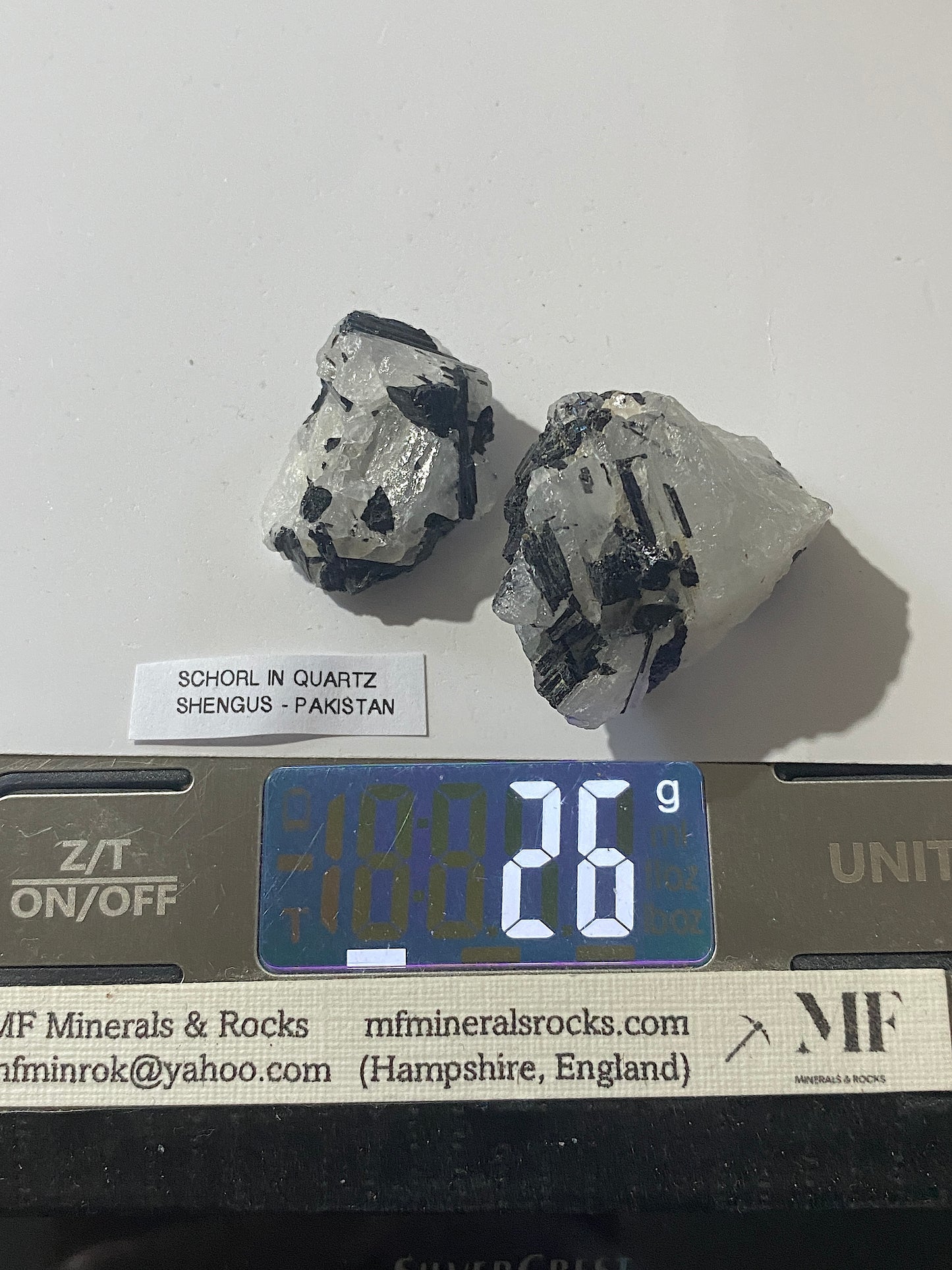 SCHORL TOURMALINE IN QUARTZ x 2 : SHENGUS, ROUNDU DISTRICT, PAKISTAN 26g MF4998