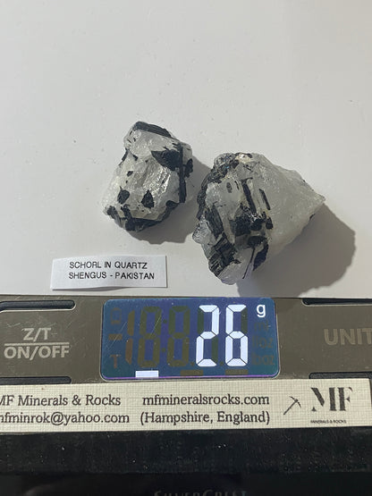 SCHORL TOURMALINE IN QUARTZ x 2 : SHENGUS, ROUNDU DISTRICT, PAKISTAN 26g MF4998