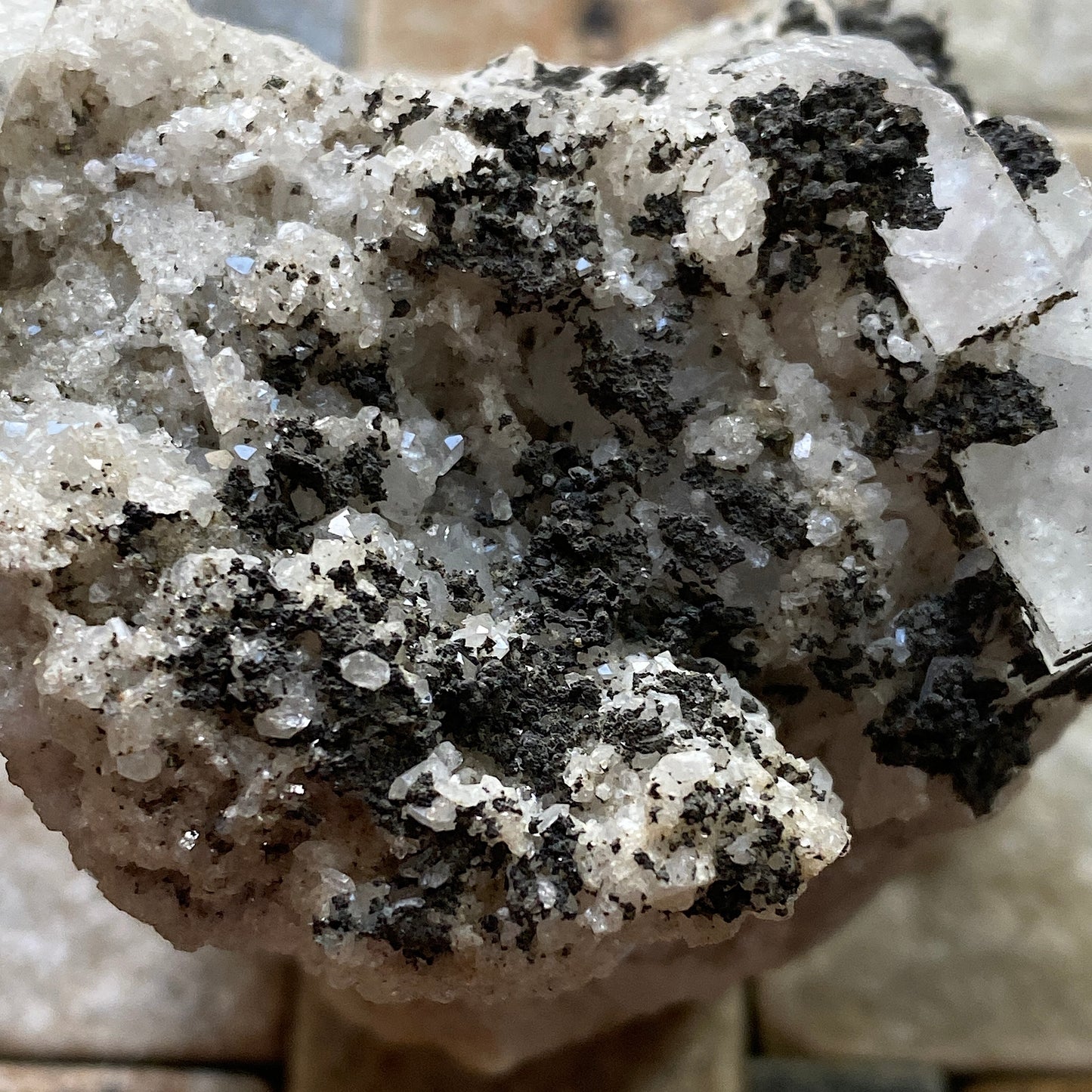 FLUORITE AVEC PYROBITUME/CARBONE RARE DE LA MINE EMILIO, ESPAGNE 154 g MF1334