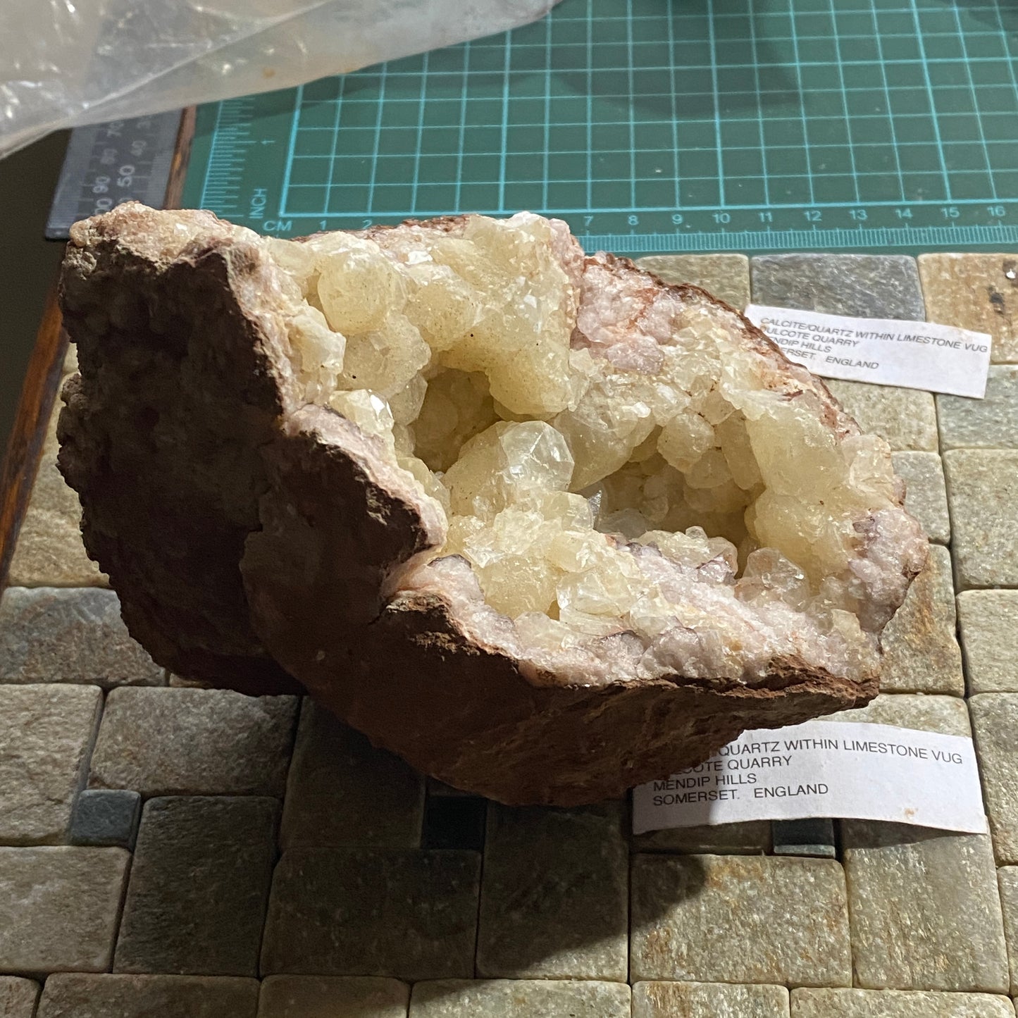 LIMESTONE VUG WITH CALCITE/QUARTZ, DULCOTE, SOMERSET HEAVY 990g MF1491