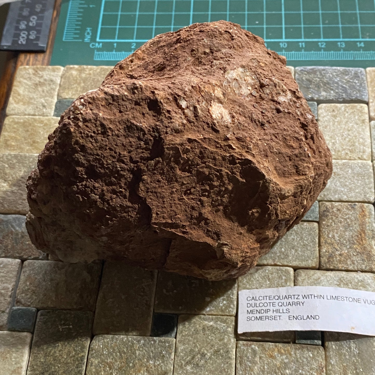 LIMESTONE VUG WITH CALCITE/QUARTZ, DULCOTE, SOMERSET HEAVY 990g MF1491