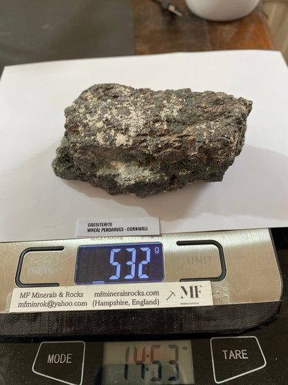 DENSE CASSITERITE ORE SPECIMEN : WHEAL PENDARVES, KILLIVOSE, CORNWALL 532g MF5048