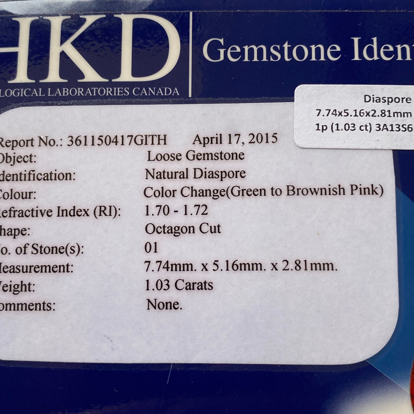 DIASPORE NATURAL GEMSTONE - TURKEY. 1.03Ct. MFG5091