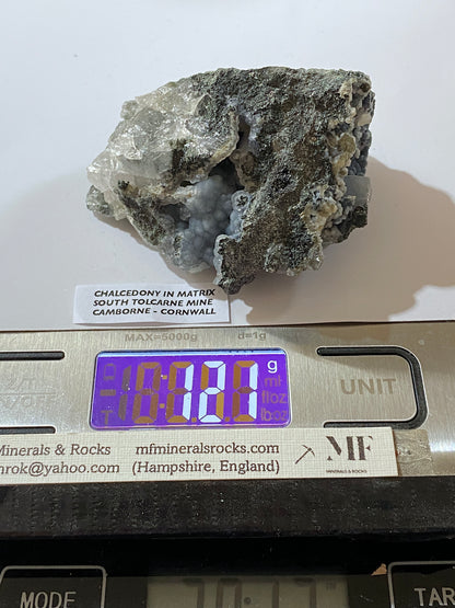 BLUE CHALCEDONY RARE SPECIMEN FROM SOUTH TOLCARNE MINE, BEACON, CORNWALL 121g MF5061