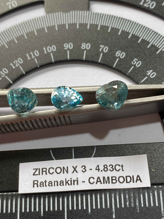 ZIRCON NATURAL GEMSTONES x 3 : RATANAKIRI, CAMBODIA  4.83Ct  MFG 4966