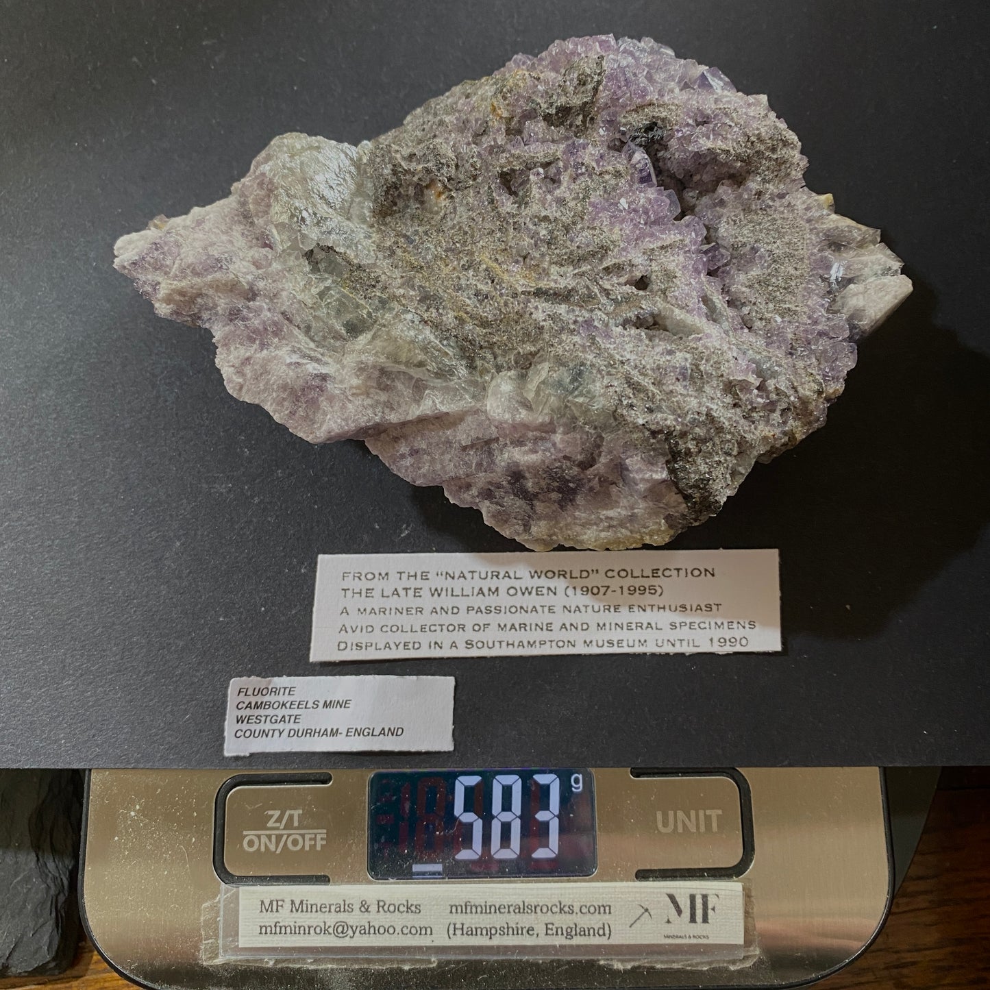 FLUORITE ETC ÉCHANTILLON INTÉRESSANT DE WESTGATE, CO DURHAM, ANGLETERRE 582g MF6442