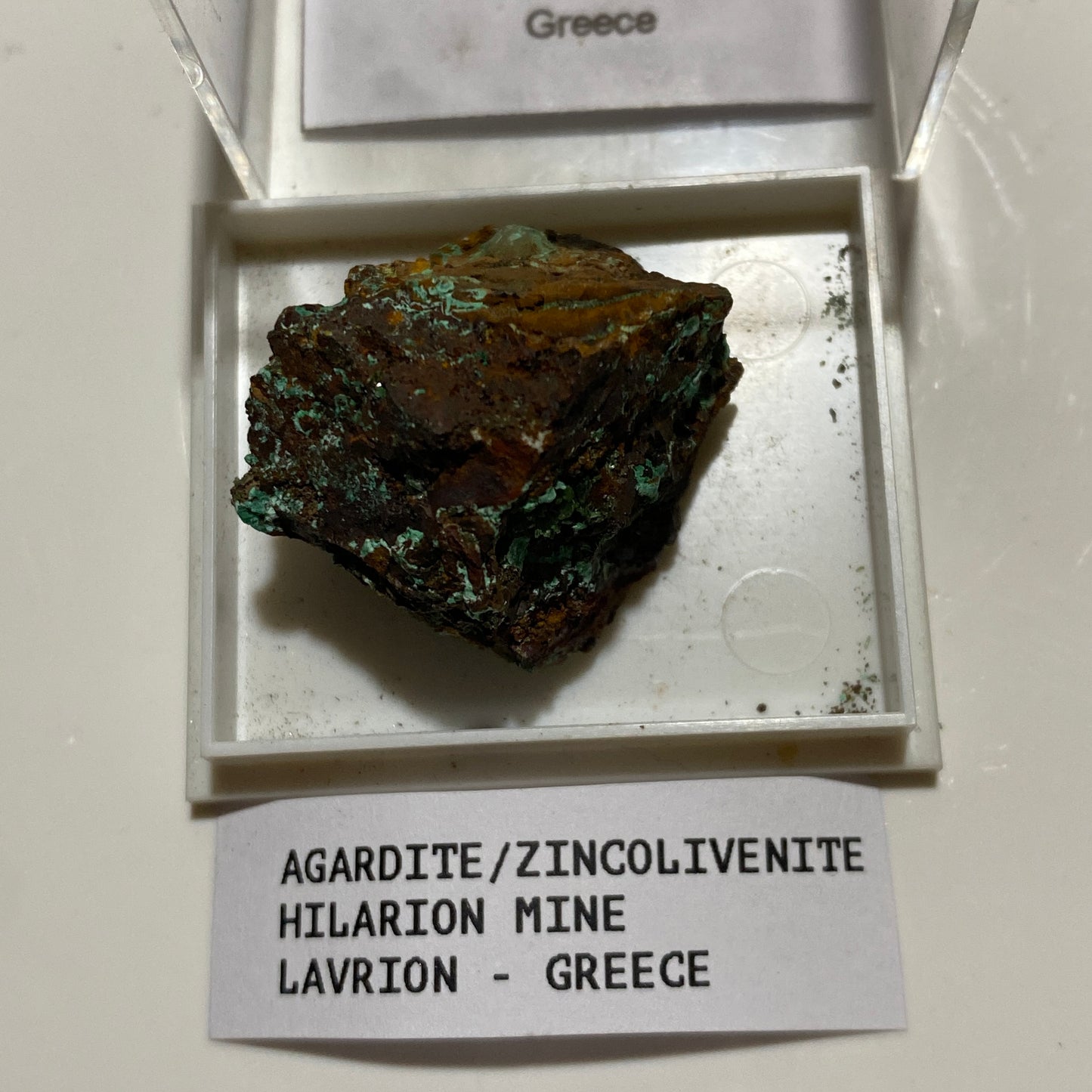 AGARDITE/ZINCOLIVENITE : HILARION MINE, LAVRION, GREECE. 12g. MF5075