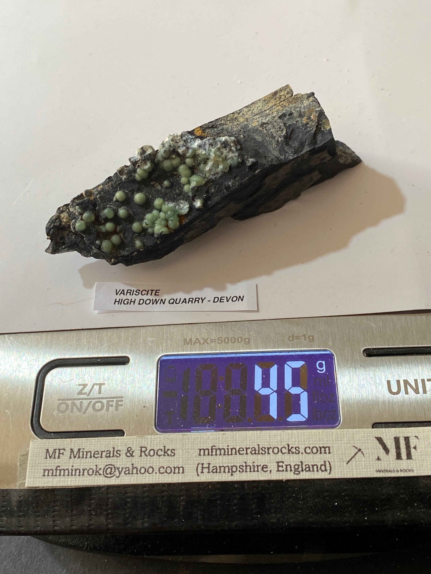 VARISCITE [ON CARBONACEOUS SHALE] : HIGH DOWN QUARRY, NORTH DEVON, ENGLAND 45g. MF5104