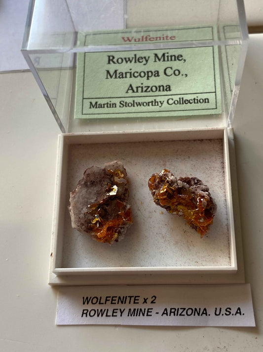 WULFENITE x 2 : ROWLEY MINE, ARIZONA, U.S.A.  3g [total]. MF5107