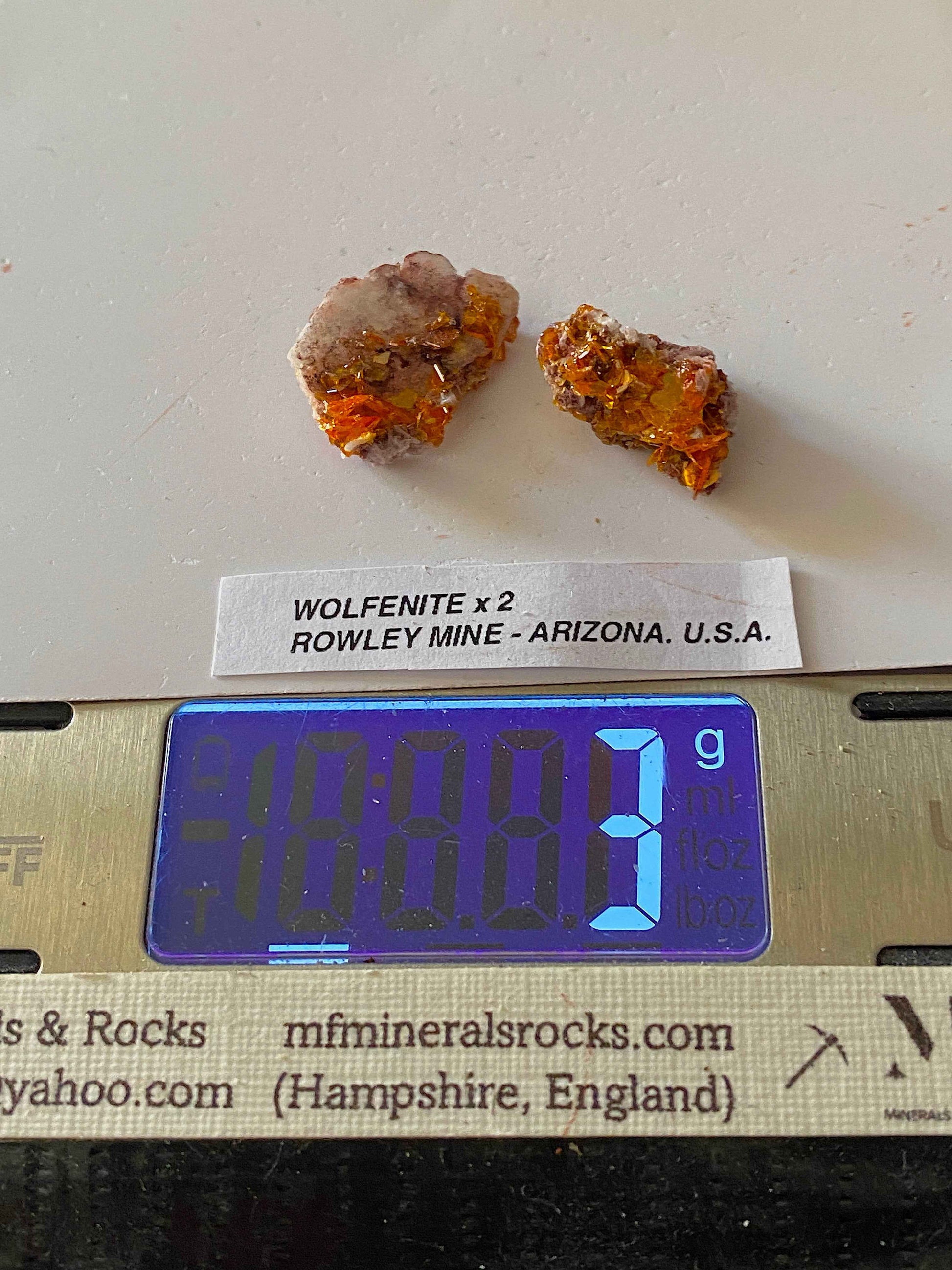 WULFENITE x 2 : ROWLEY MINE, ARIZONA, U.S.A.  3g [total]. MF5107