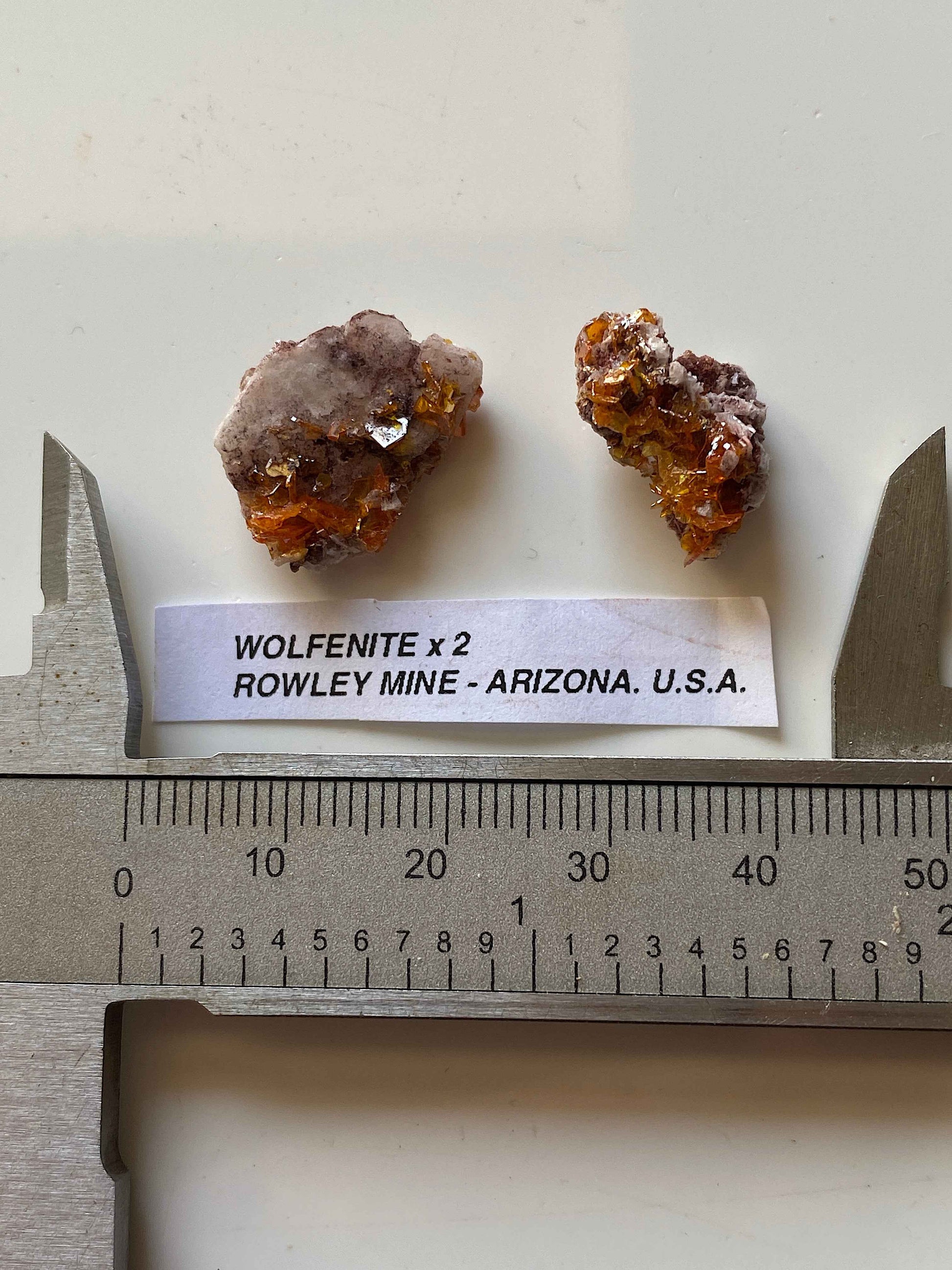 WULFENITE x 2 : ROWLEY MINE, ARIZONA, U.S.A.  3g [total]. MF5107
