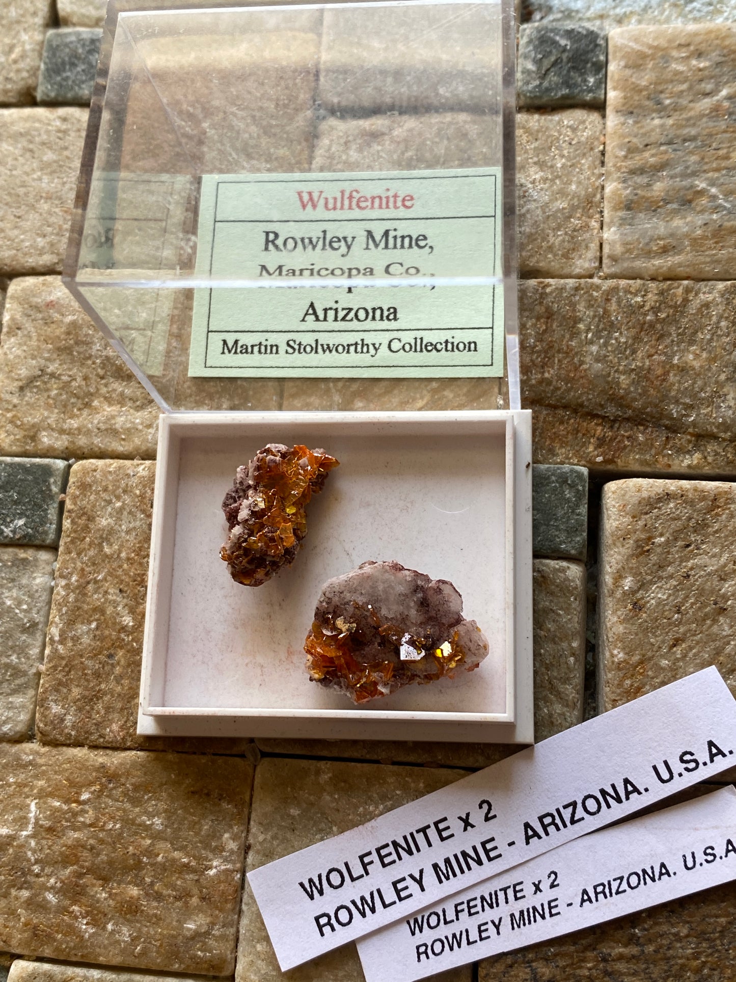 WULFENITE x 2 : ROWLEY MINE, ARIZONA, U.S.A.  3g [total]. MF5107