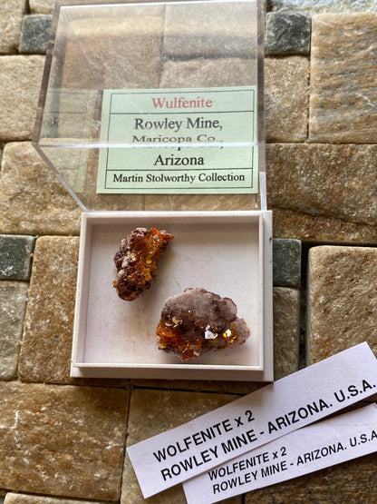 WULFENITE x 2 : ROWLEY MINE, ARIZONA, U.S.A.  3g [total]. MF5107
