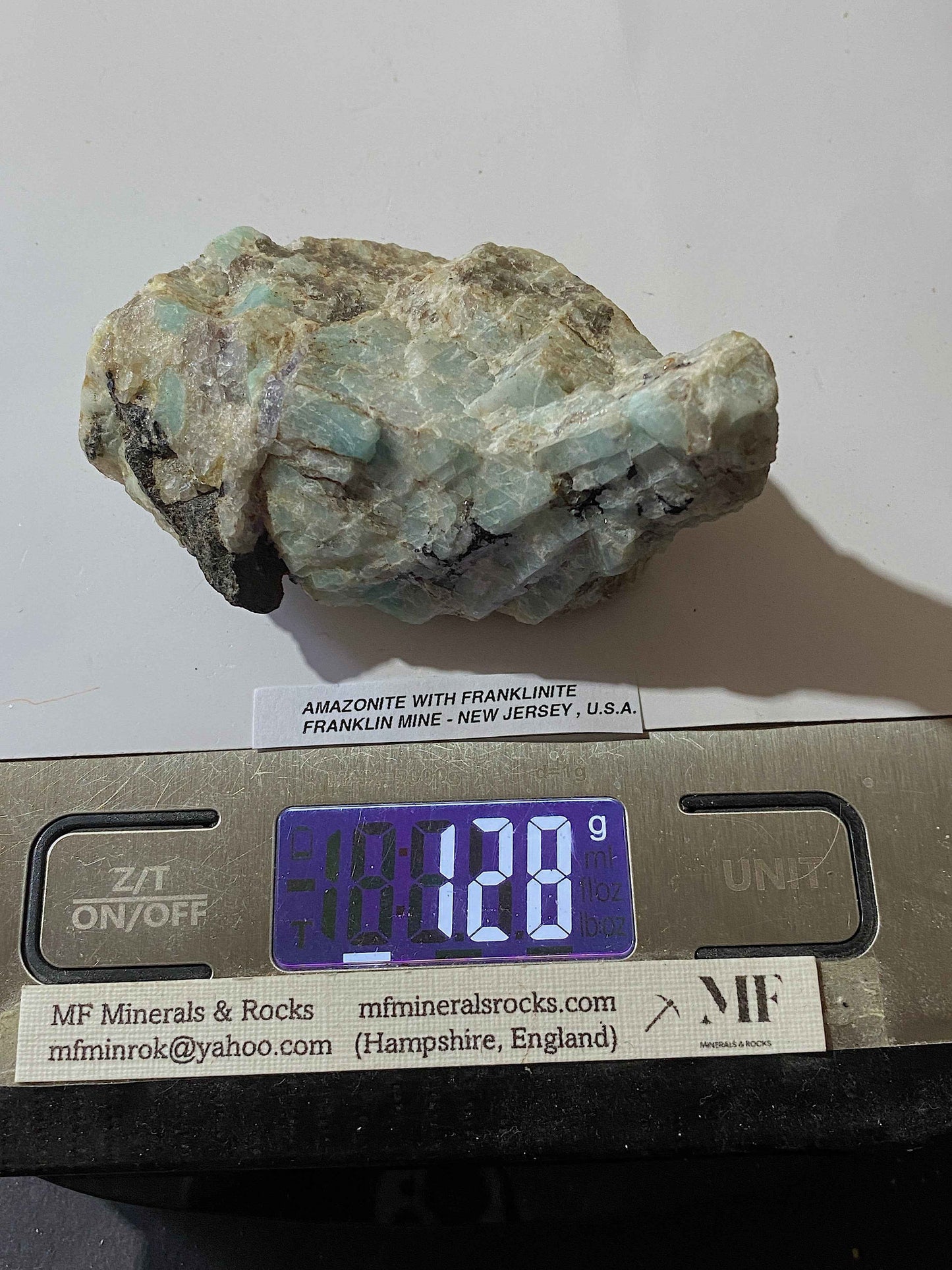 AMAZONITE WITH FRANKLINITE : FRANKLIN MINE, SUSSEX COUNTY, NEW JERSEY, U.S.A. 128g. MF5109